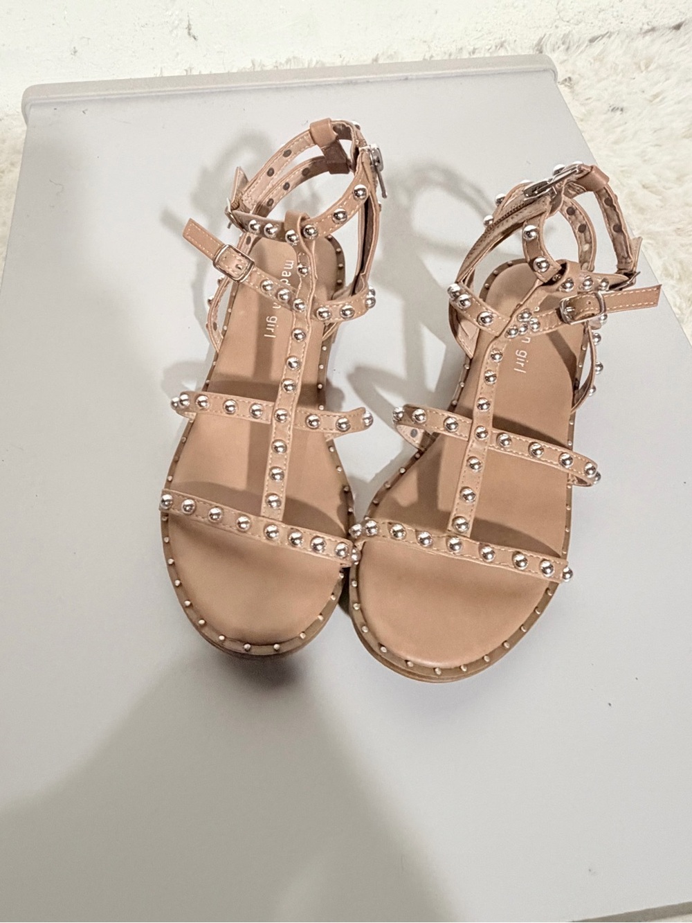 Madden Girl Nude Pink Studded T-Strap Flat Sandals